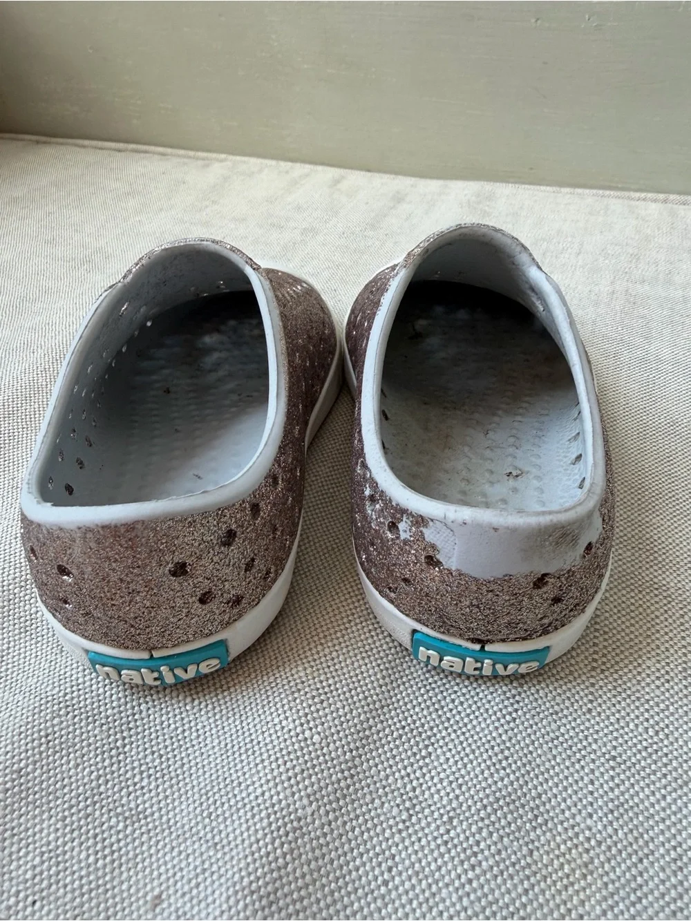 Native Kids Water Shoes in Rose Gold Glitter Slip-On